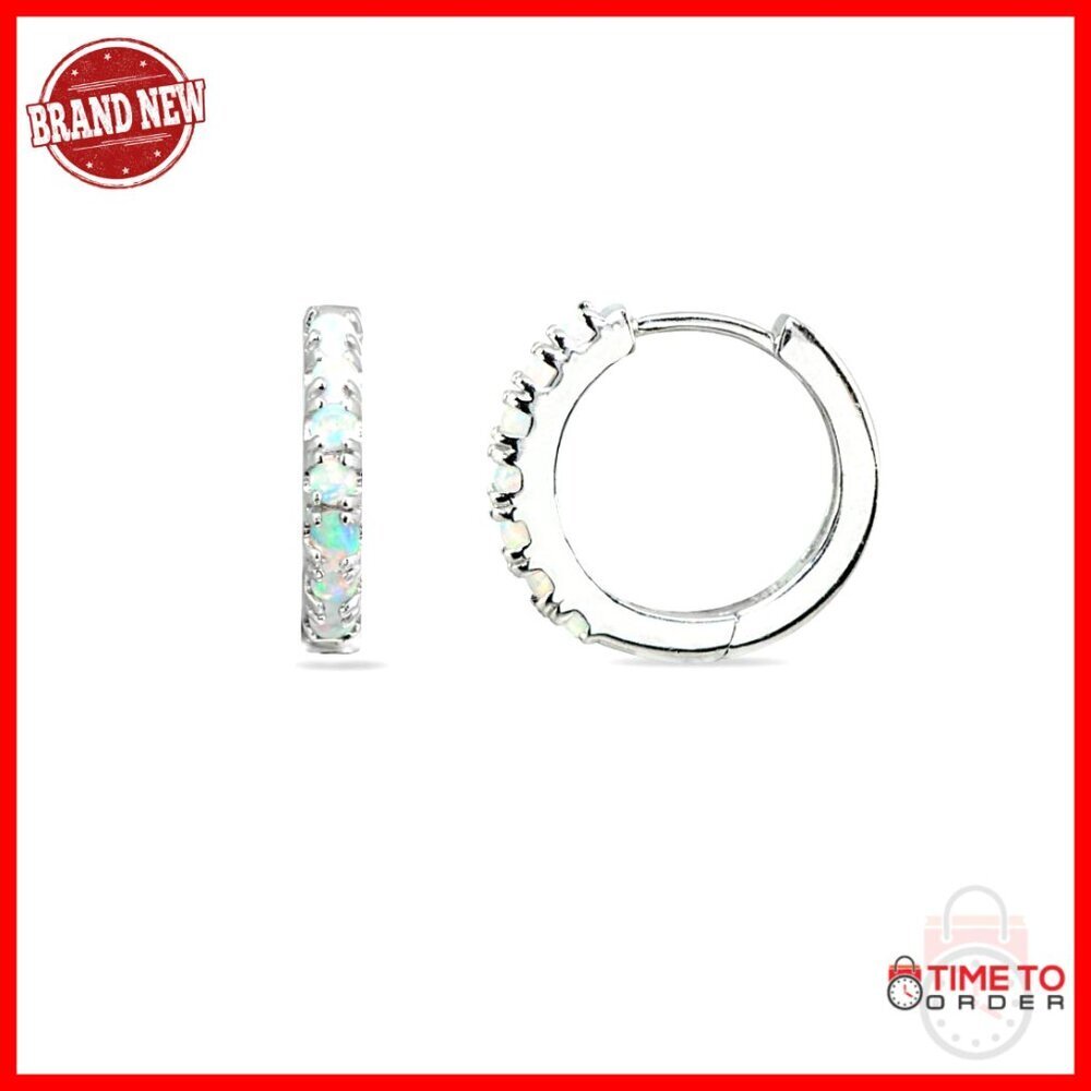 Sterling Silver 15mm Opal Huggie Hoop Earrings, Prong Setting
